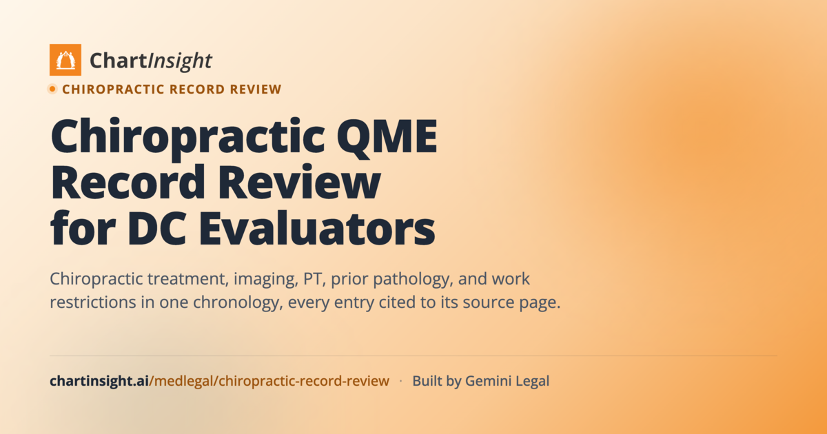 Diagram of a California chiropractic QME record review file mixing treatment notes, imaging, physical therapy, and prior pathology